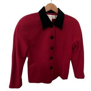 Vintage Fitted Velvet Collar Red Black Pure Wool  Blazer Casual Corner Size 8P